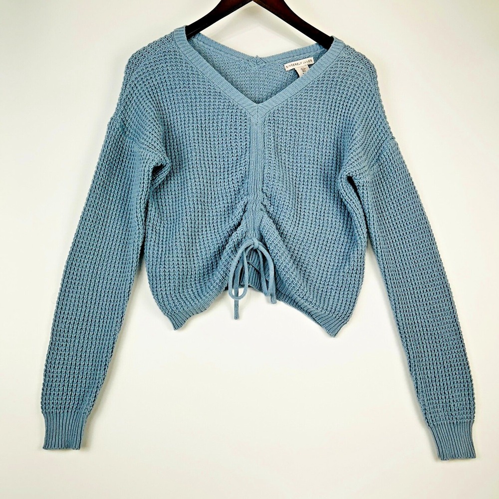 Sincerely Jules Womens Cropped Waffle Knit‎ Sweater Size L Blue Sporty Cozy